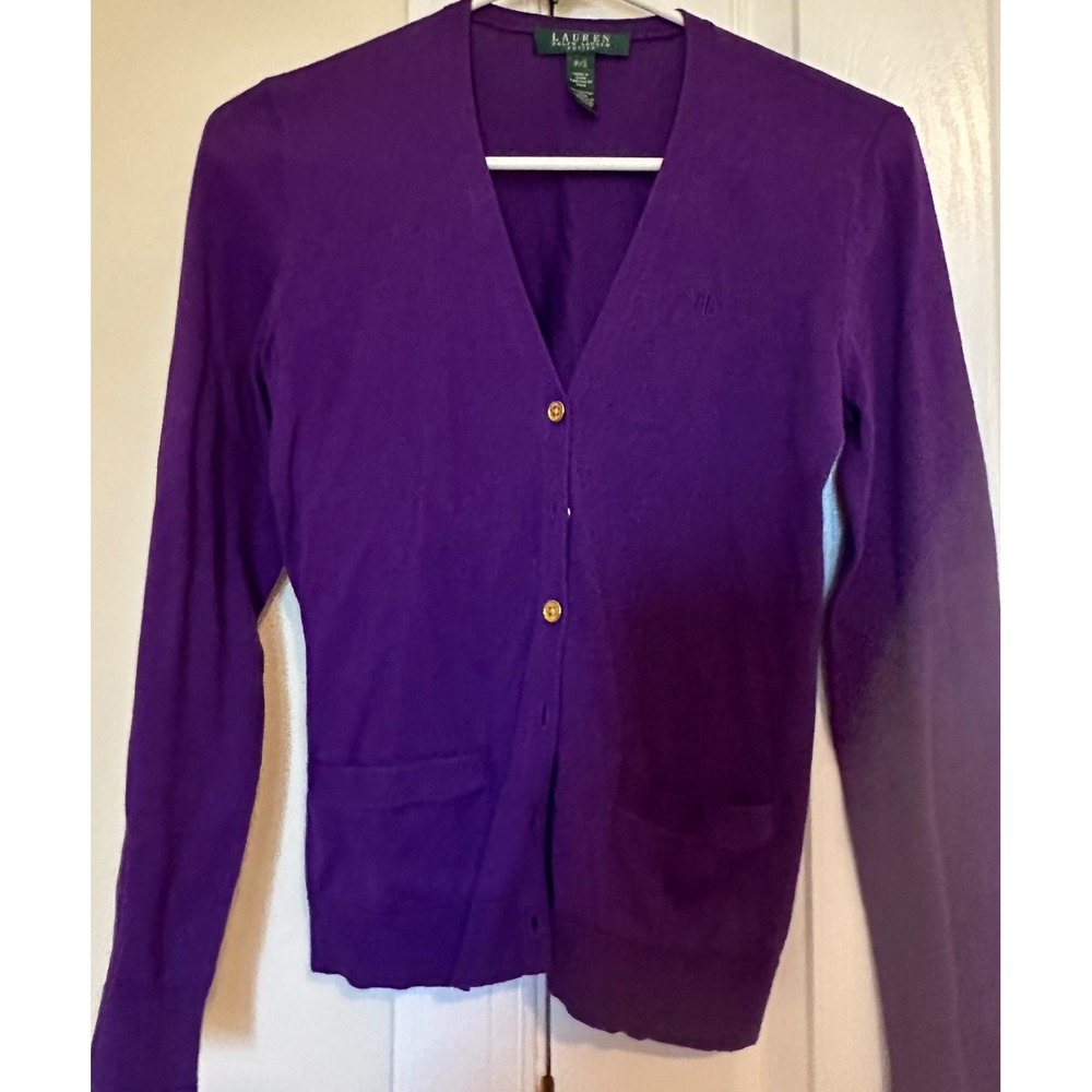Lauren Ralph Lauren Women Purple Button Front Cardigan Sweater Pockets petite‎ S